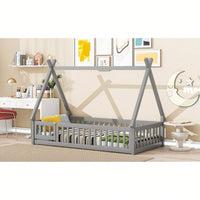 Twin Tent-Shaped Floor Bed With Guardrails And Slats In Grey For Safe And Cozy Sleep Space