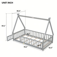 Twin Tent-Shaped Floor Bed With Guardrails And Slats In Grey For Safe And Cozy Sleep Space