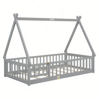 Twin Tent-Shaped Floor Bed With Guardrails And Slats In Grey For Safe And Cozy Sleep Space