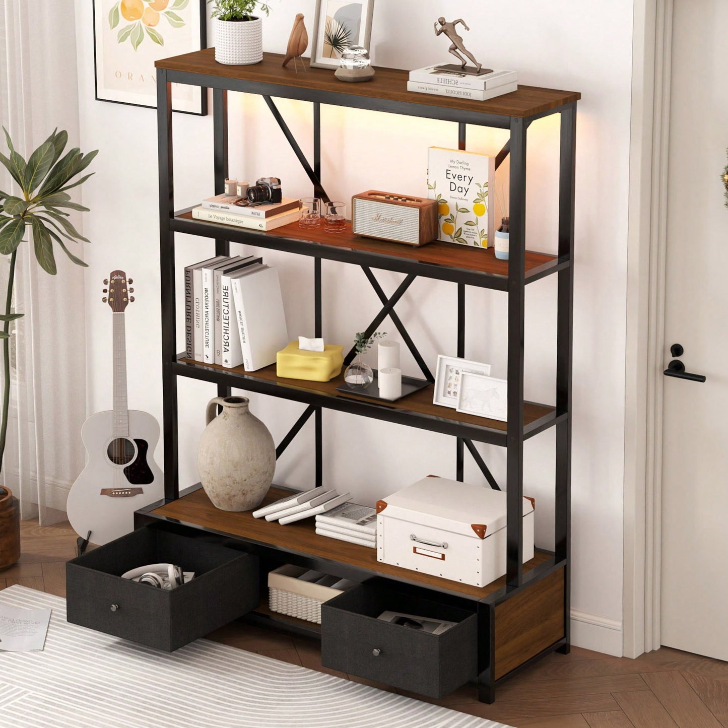 Vintage Industrial 3-Shelf Metal Bookcase With Drawers And LED Lighting For Home Office Walnut Finish