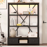 Vintage Industrial 3-Shelf Metal Bookcase With Drawers And LED Lighting For Home Office Walnut Finish