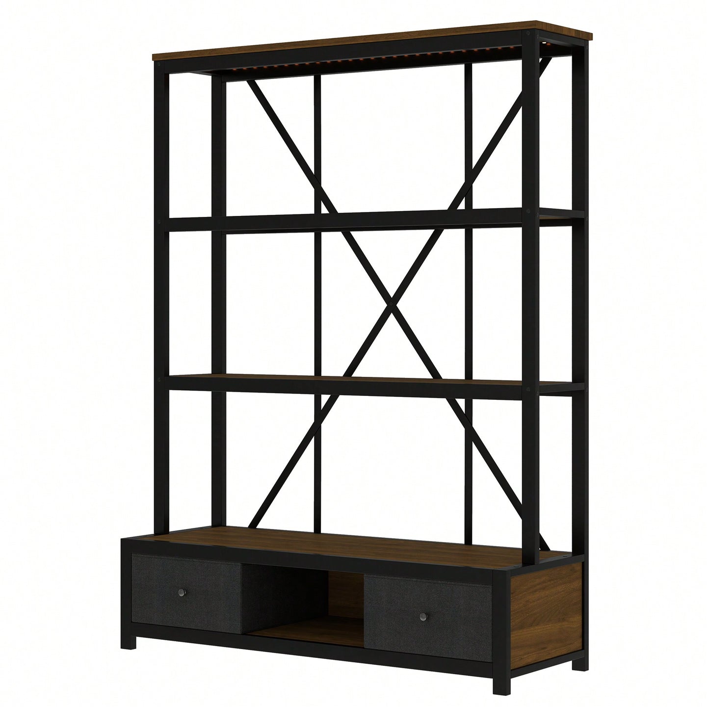 Vintage Industrial 3-Shelf Metal Bookcase With Drawers And LED Lighting For Home Office Walnut Finish