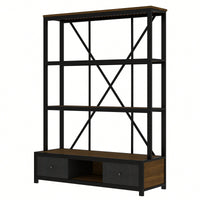 Vintage Industrial 3-Shelf Metal Bookcase With Drawers And LED Lighting For Home Office Walnut Finish