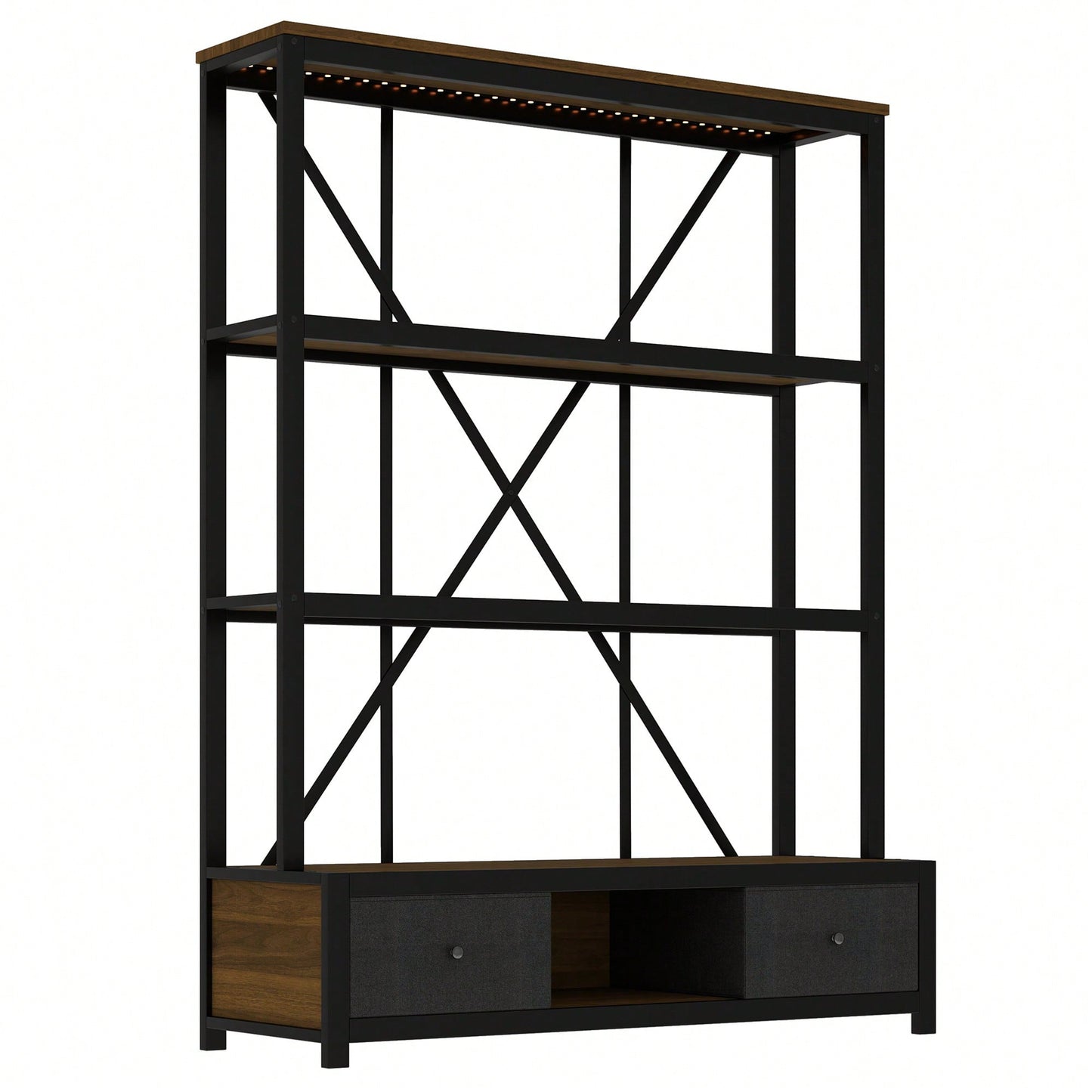 Vintage Industrial 3-Shelf Metal Bookcase With Drawers And LED Lighting For Home Office Walnut Finish