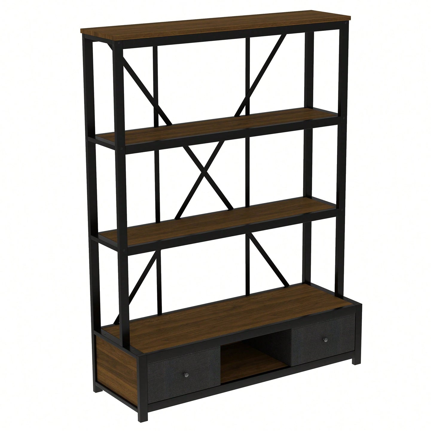 Vintage Industrial 3-Shelf Metal Bookcase With Drawers And LED Lighting For Home Office Walnut Finish