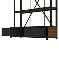 Vintage Industrial 3-Shelf Metal Bookcase With Drawers And LED Lighting For Home Office Walnut Finish