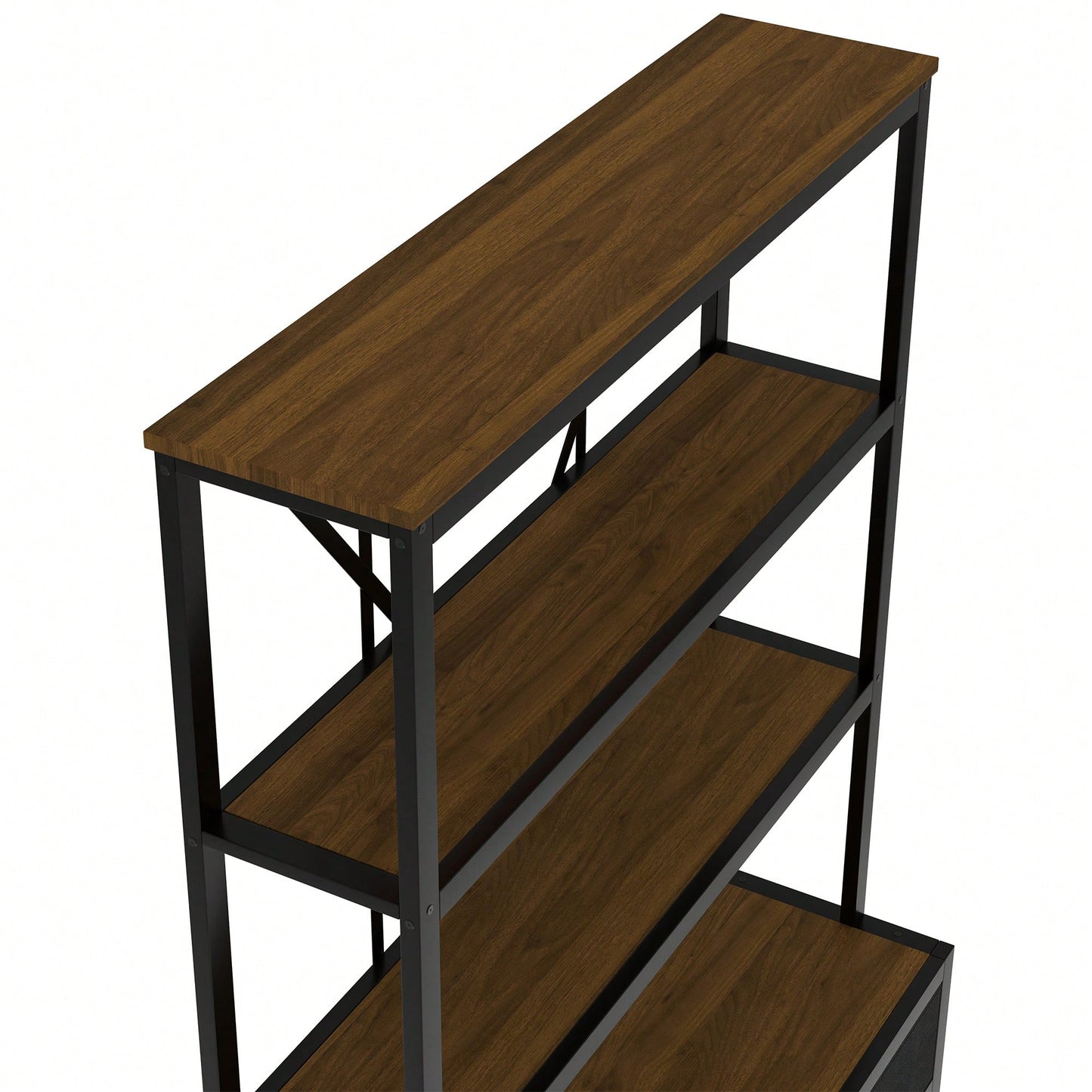 Vintage Industrial 3-Shelf Metal Bookcase With Drawers And LED Lighting For Home Office Walnut Finish