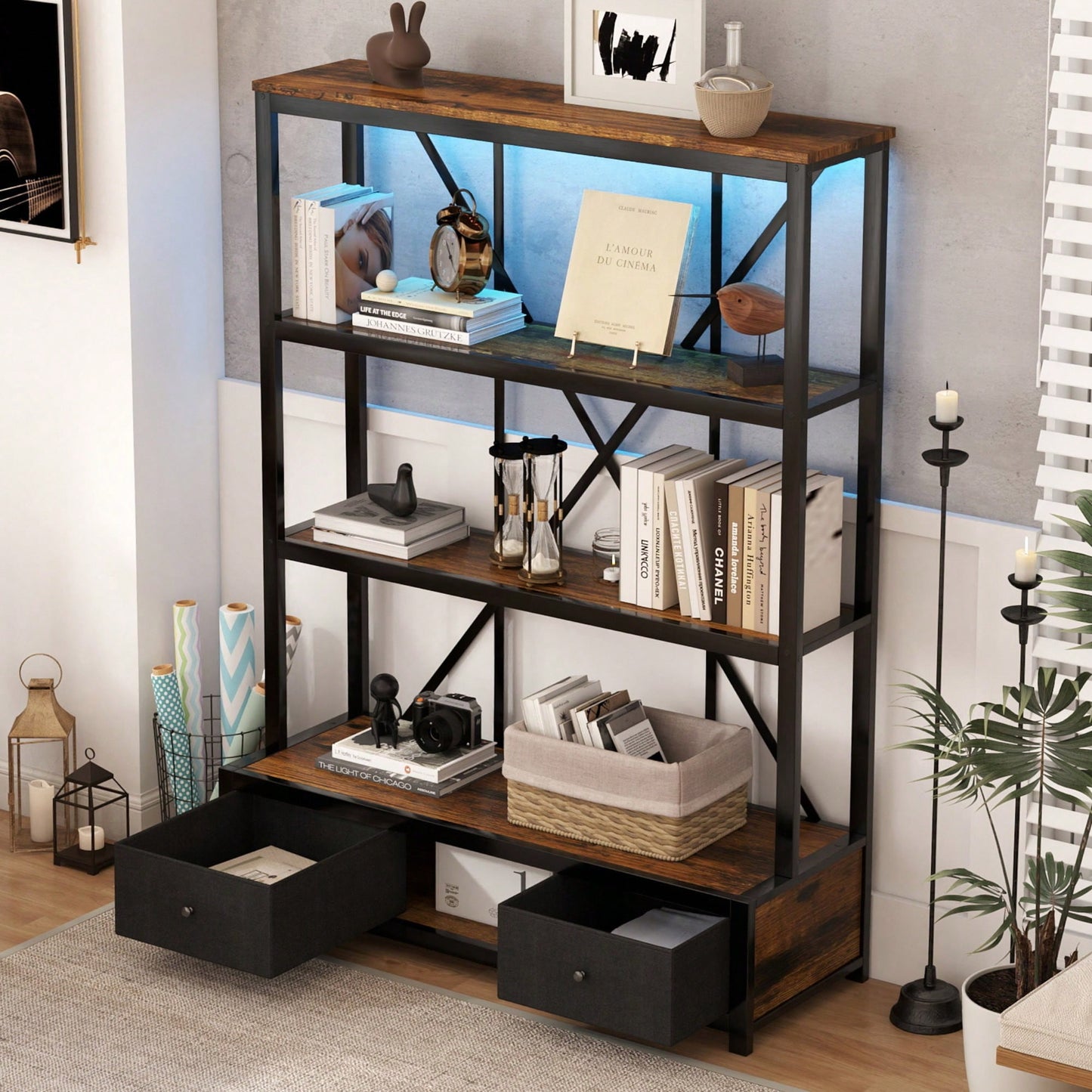 Vintage Industrial 3-Shelf Metal Bookcase With Drawers And LED Lighting For Home Office Walnut Finish