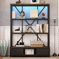 Vintage Industrial 3-Shelf Metal Bookcase With Drawers And LED Lighting For Home Office Walnut Finish