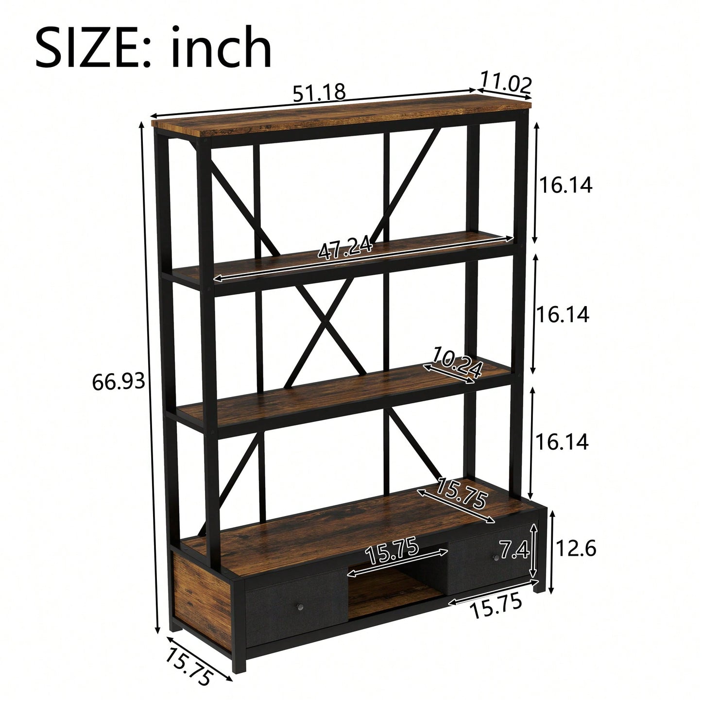 Vintage Industrial 3-Shelf Metal Bookcase With Drawers And LED Lighting For Home Office Walnut Finish