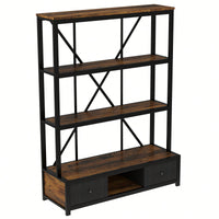 Vintage Industrial 3-Shelf Metal Bookcase With Drawers And LED Lighting For Home Office Walnut Finish