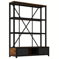 Vintage Industrial 3-Shelf Metal Bookcase With Drawers And LED Lighting For Home Office Walnut Finish