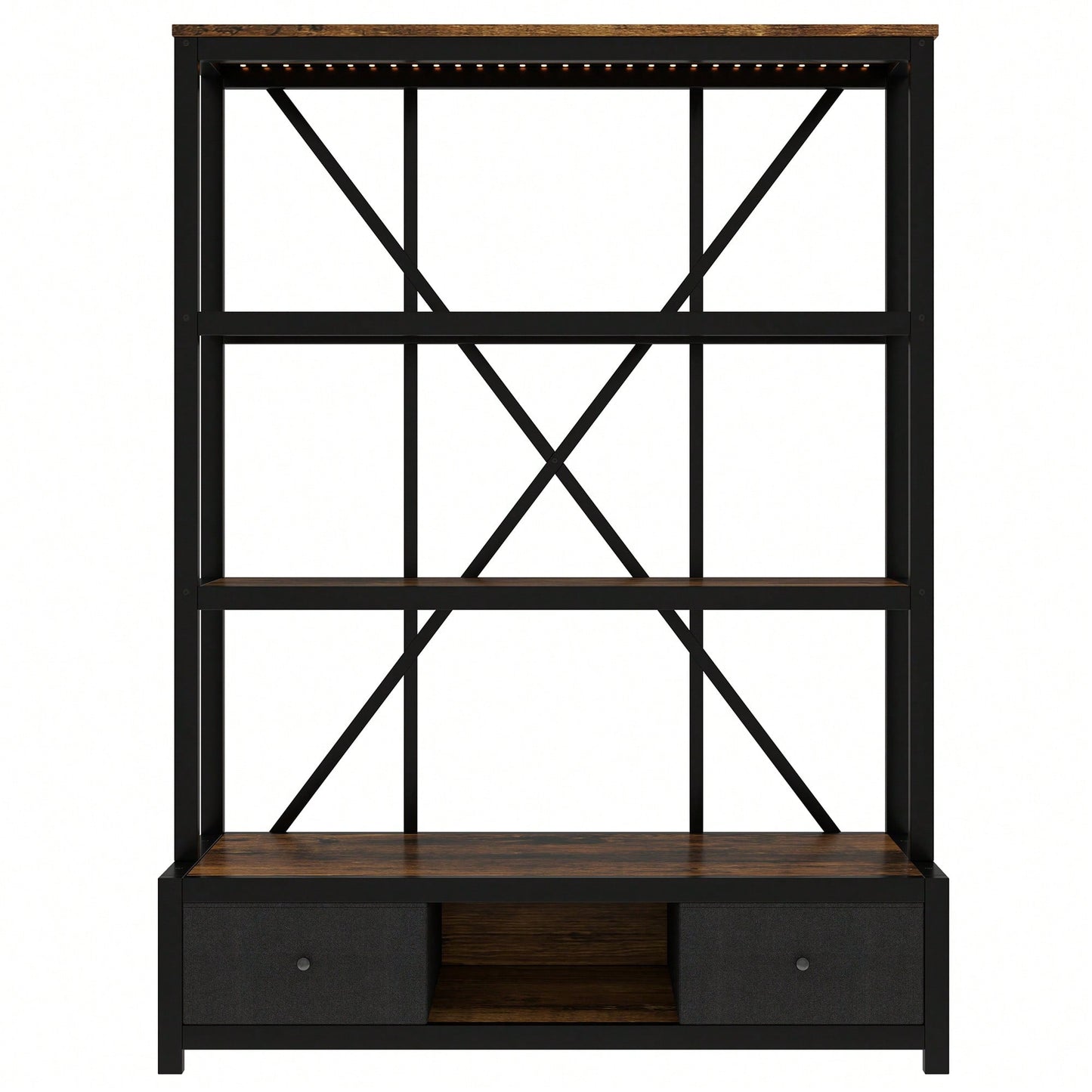 Vintage Industrial 3-Shelf Metal Bookcase With Drawers And LED Lighting For Home Office Walnut Finish