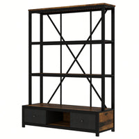 Vintage Industrial 3-Shelf Metal Bookcase With Drawers And LED Lighting For Home Office Walnut Finish