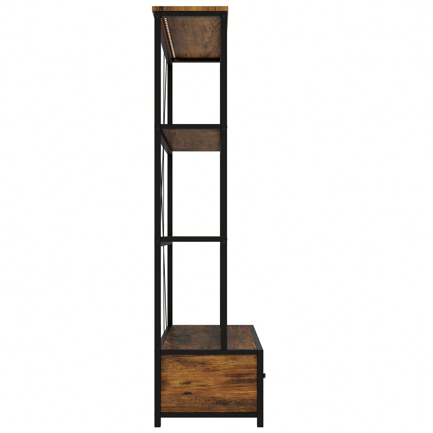 Vintage Industrial 3-Shelf Metal Bookcase With Drawers And LED Lighting For Home Office Walnut Finish