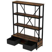 Vintage Industrial 3-Shelf Metal Bookcase With Drawers And LED Lighting For Home Office Walnut Finish