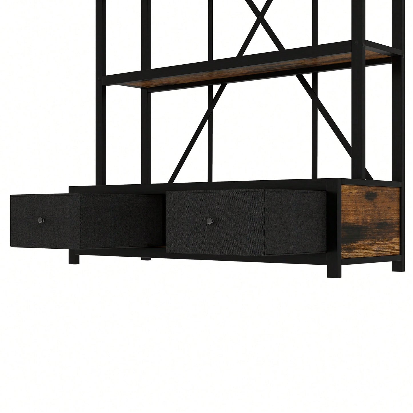 Vintage Industrial 3-Shelf Metal Bookcase With Drawers And LED Lighting For Home Office Walnut Finish