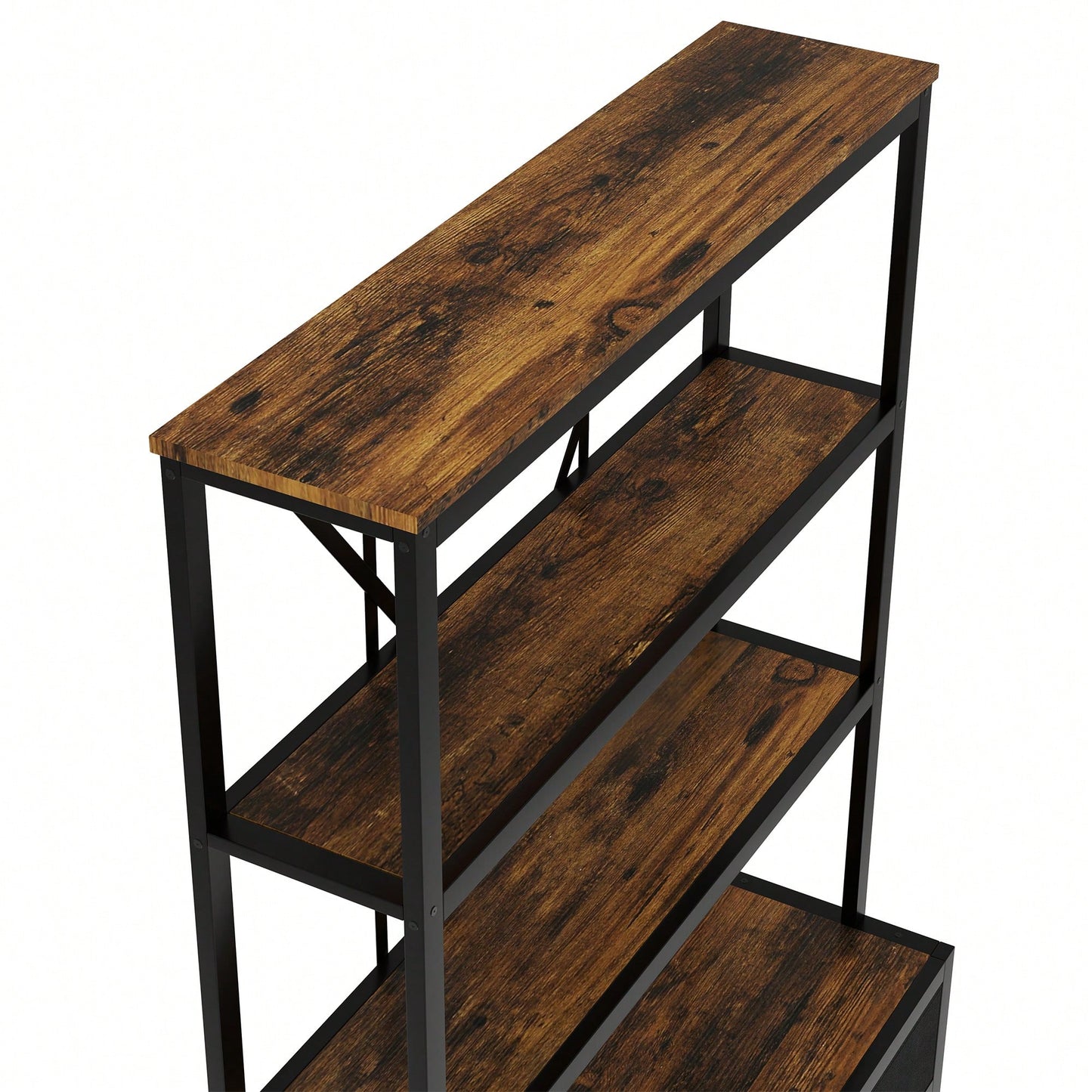 Vintage Industrial 3-Shelf Metal Bookcase With Drawers And LED Lighting For Home Office Walnut Finish