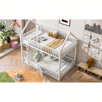 Stylish Metal Twin Over Twin Bunk Bed With Safety Fence And Door In Black Finish