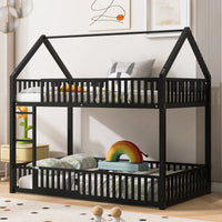 Stylish Metal Twin Over Twin Bunk Bed With Safety Fence And Door In Black Finish