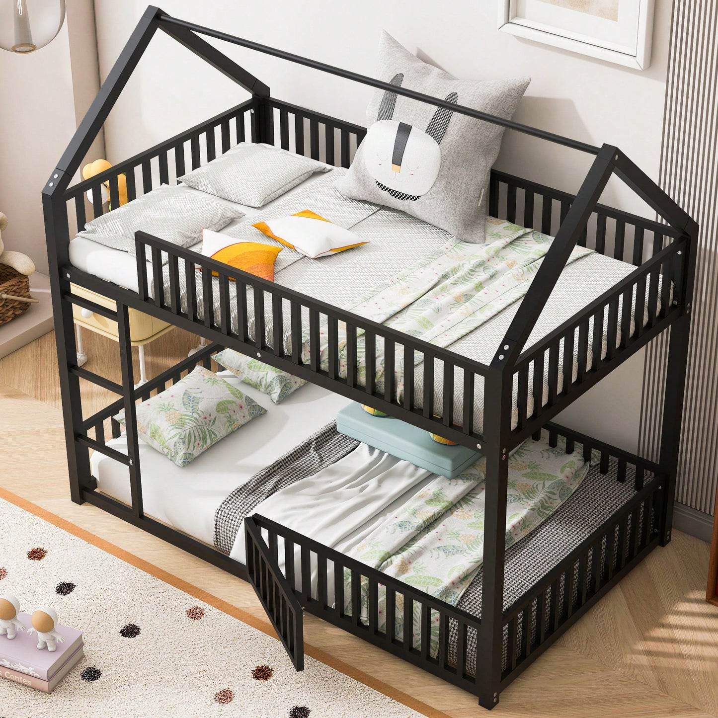 Stylish Metal Twin Over Twin Bunk Bed With Safety Fence And Door In Black Finish