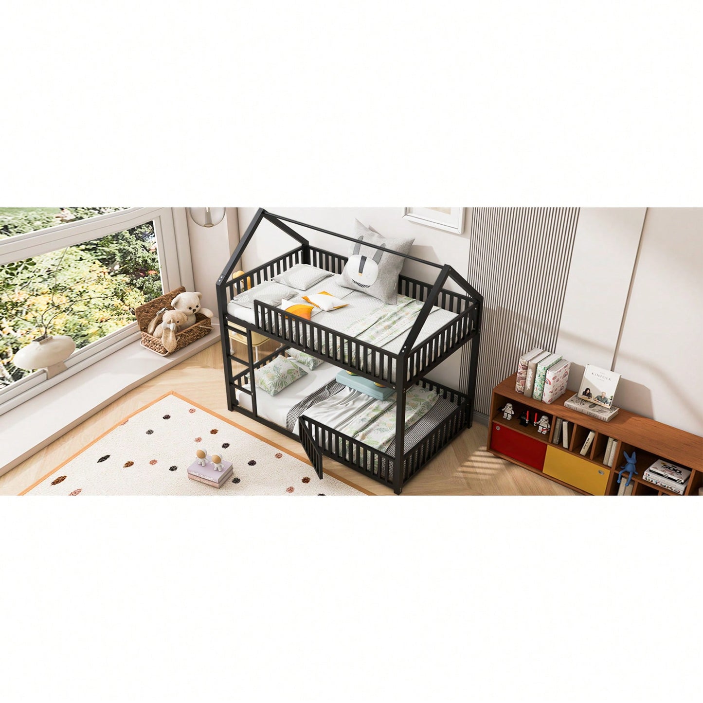 Stylish Metal Twin Over Twin Bunk Bed With Safety Fence And Door In Black Finish