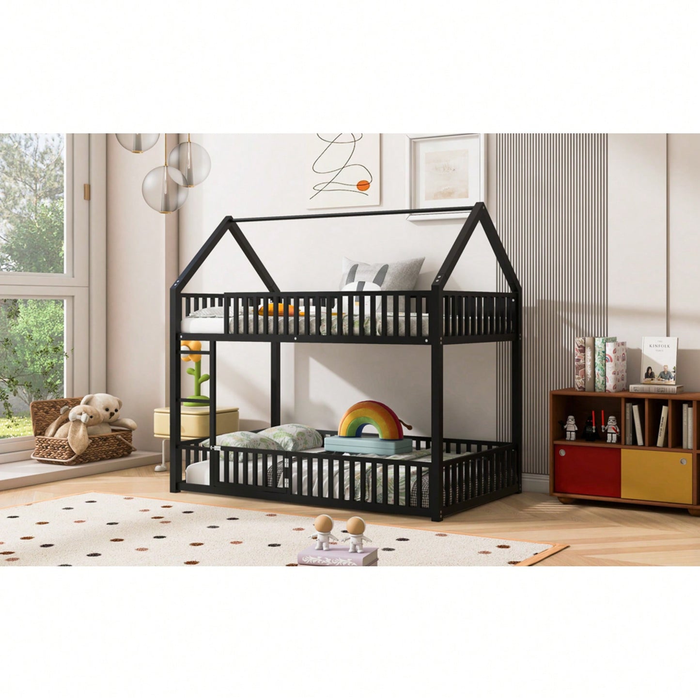 Stylish Metal Twin Over Twin Bunk Bed With Safety Fence And Door In Black Finish