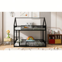 Stylish Metal Twin Over Twin Bunk Bed With Safety Fence And Door In Black Finish