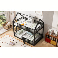 Stylish Metal Twin Over Twin Bunk Bed With Safety Fence And Door In Black Finish