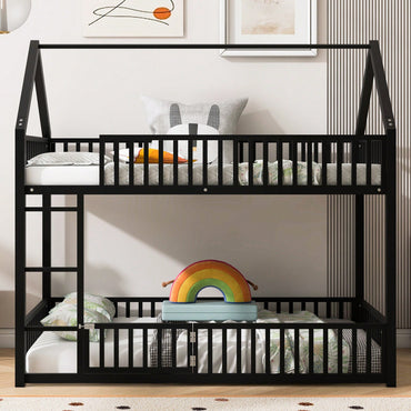 Stylish Metal Twin Over Twin Bunk Bed With Safety Fence And Door In Black Finish