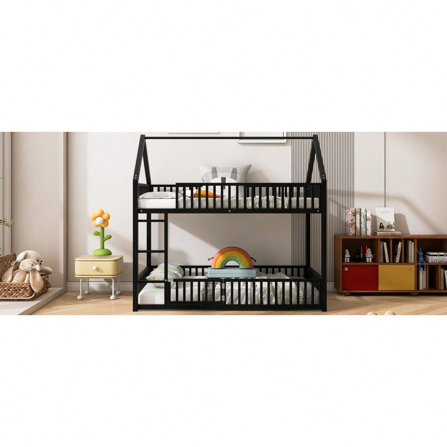 Stylish Metal Twin Over Twin Bunk Bed With Safety Fence And Door In Black Finish