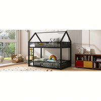 Stylish Metal Twin Over Twin Bunk Bed With Safety Fence And Door In Black Finish