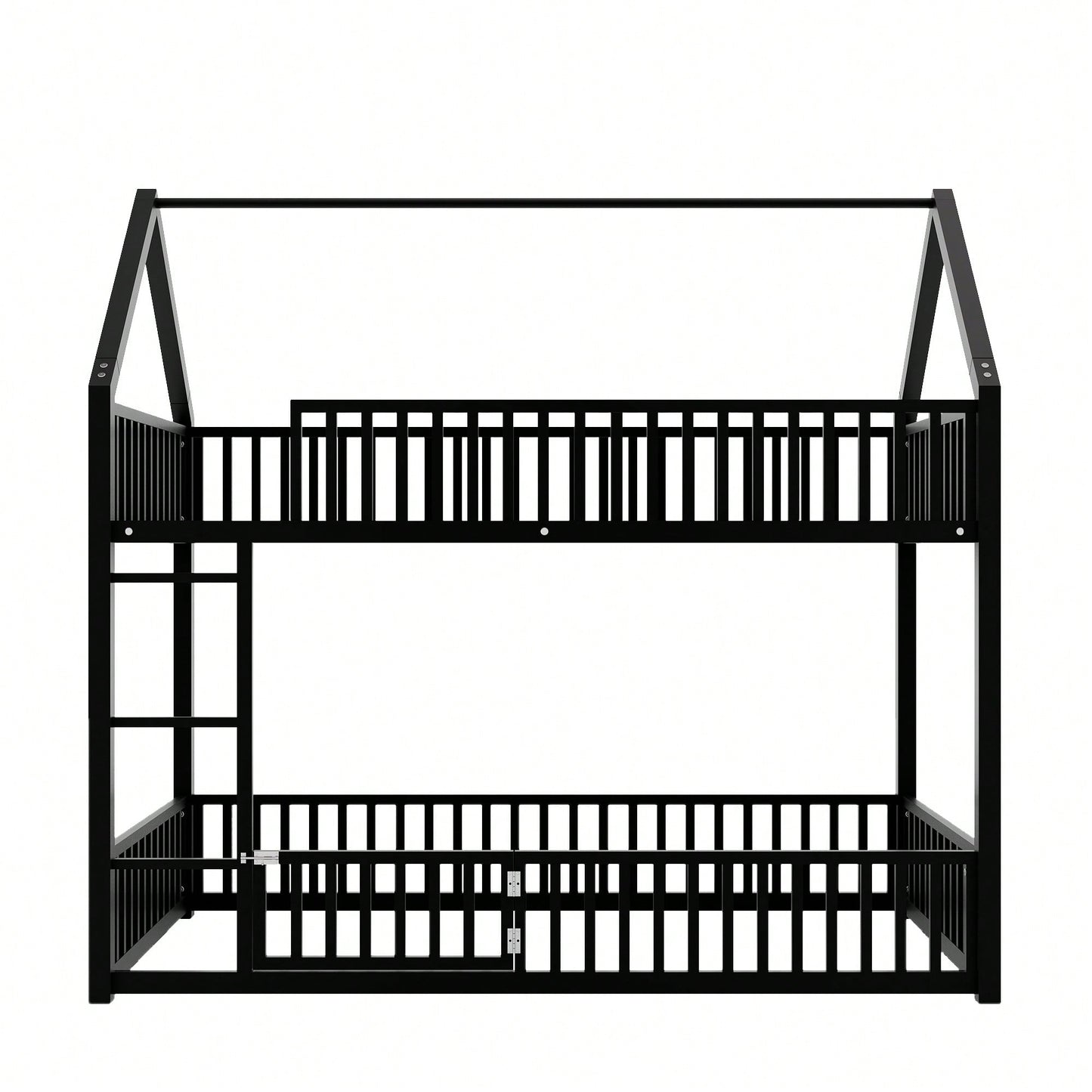 Stylish Metal Twin Over Twin Bunk Bed With Safety Fence And Door In Black Finish