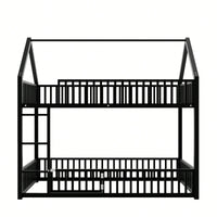 Stylish Metal Twin Over Twin Bunk Bed With Safety Fence And Door In Black Finish