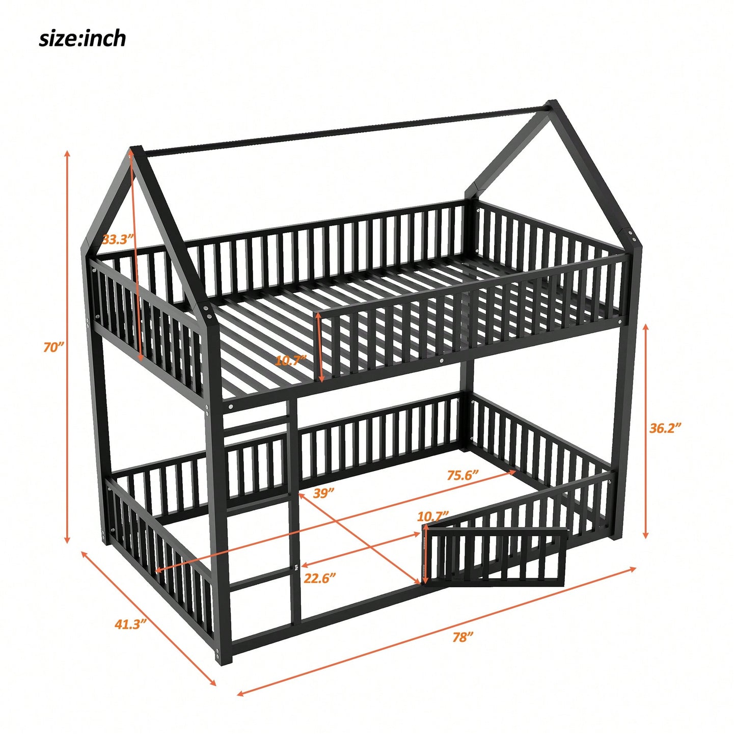 Stylish Metal Twin Over Twin Bunk Bed With Safety Fence And Door In Black Finish