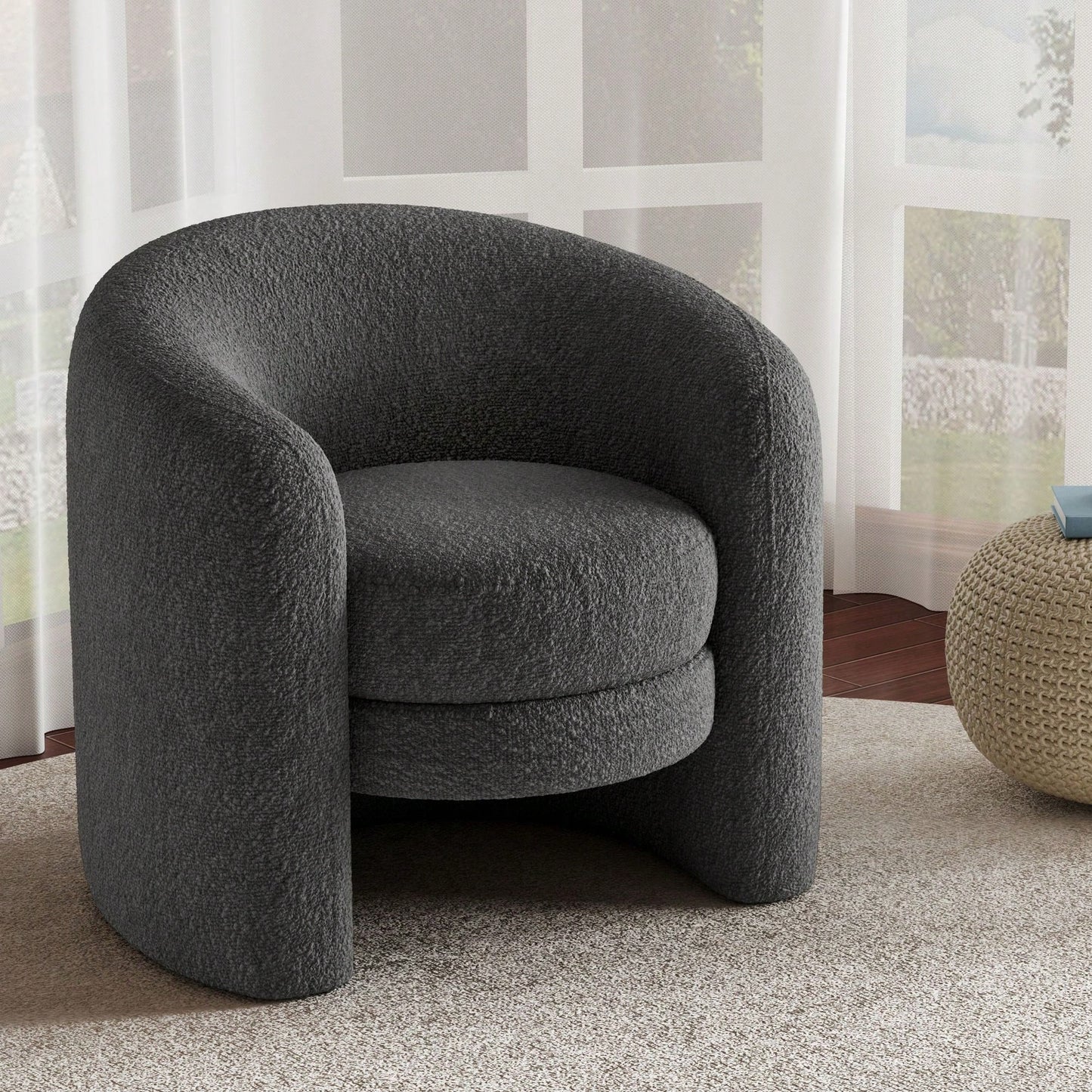 Cozy Boucle Accent Chair With Curved Back Plush Seating For Living Room Reading Room Or Bedroom In Dark Gray