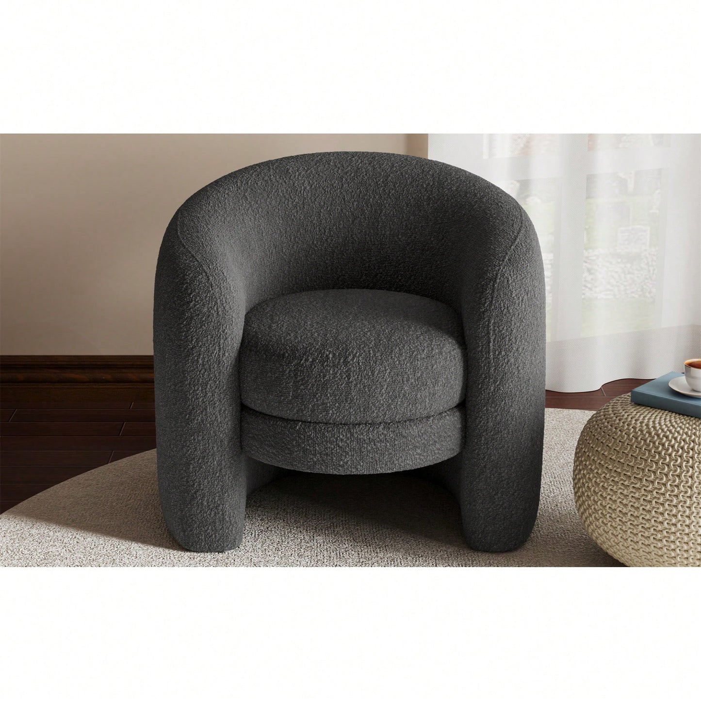 Cozy Boucle Accent Chair With Curved Back Plush Seating For Living Room Reading Room Or Bedroom In Dark Gray