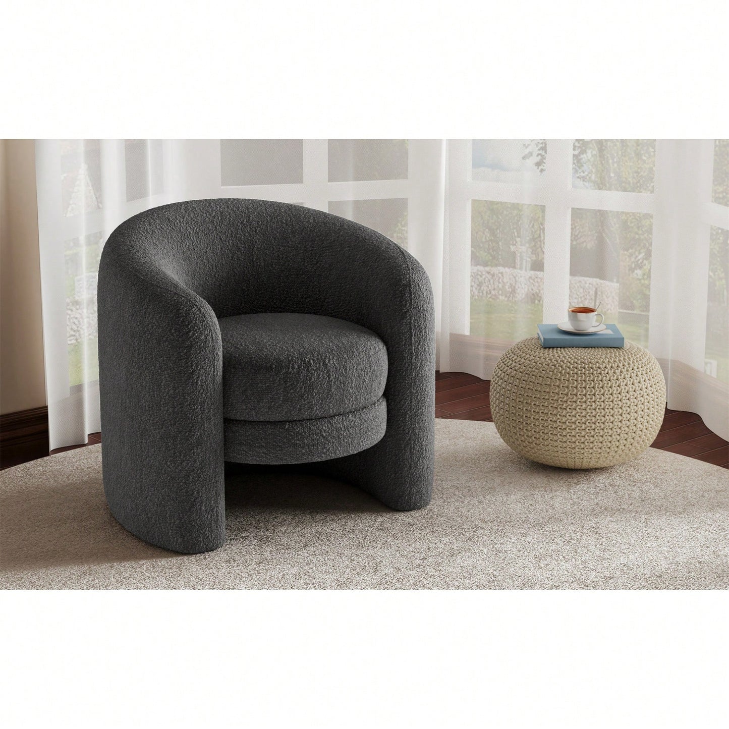 Cozy Boucle Accent Chair With Curved Back Plush Seating For Living Room Reading Room Or Bedroom In Dark Gray