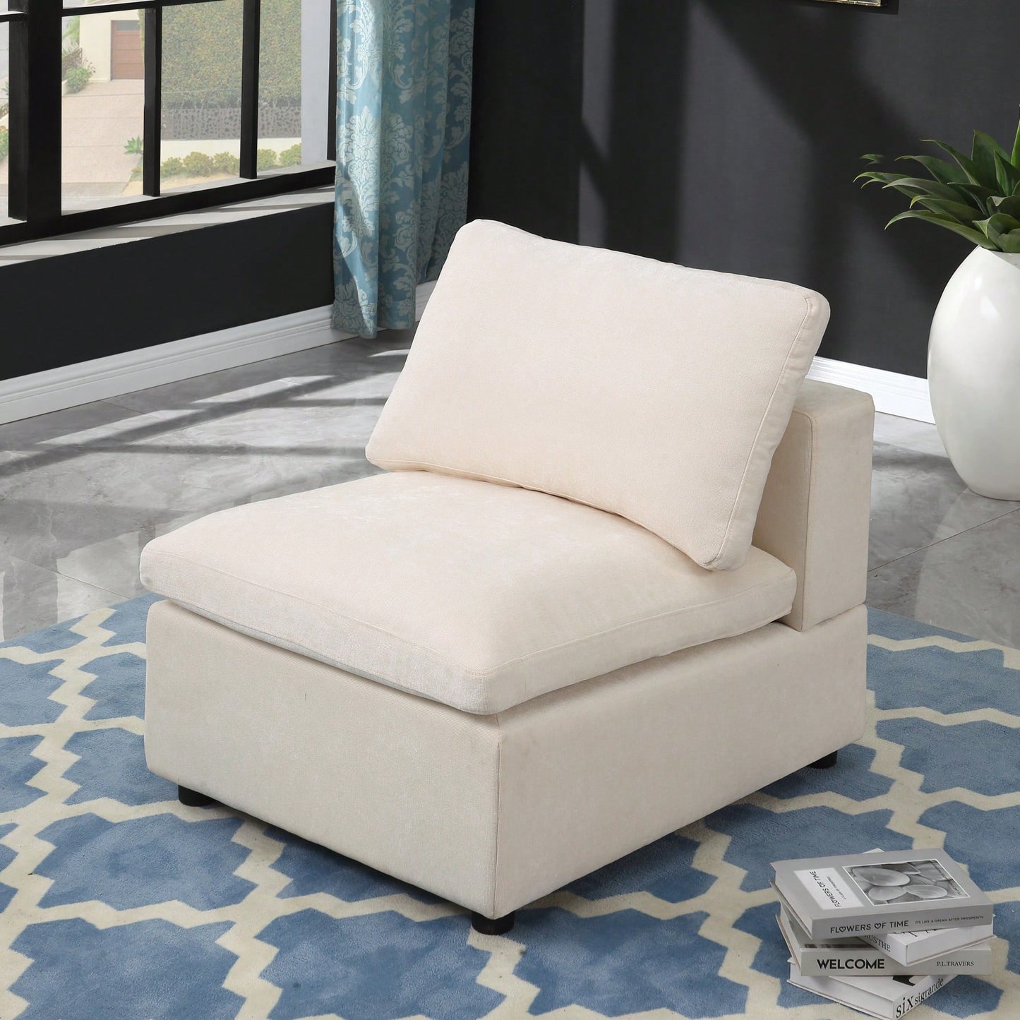 Contemporary Chenille Beige Modular Armless Accent Chair For Sectional Sofa