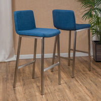 Set Of 2 Stylish Stainless Steel Barstools With Blue Fabric