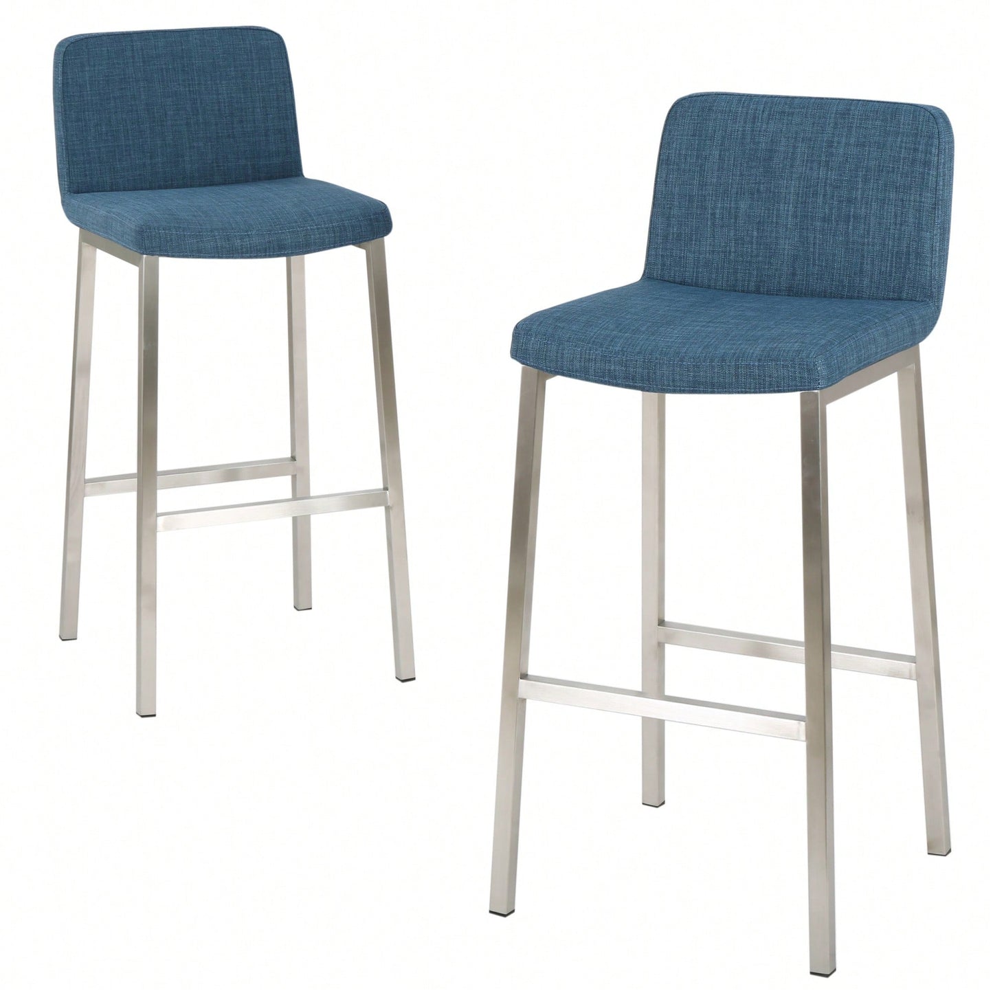 Set Of 2 Stylish Stainless Steel Barstools With Blue Fabric