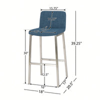 Set Of 2 Stylish Stainless Steel Barstools With Blue Fabric