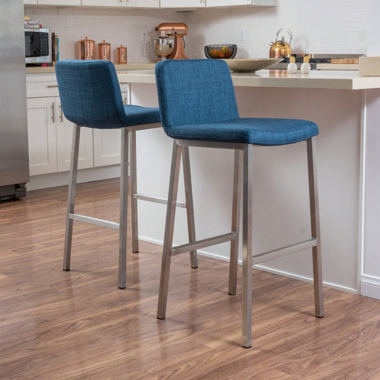 Set Of 2 Stylish Stainless Steel Barstools With Blue Fabric