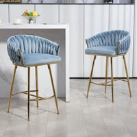 26 Inch Counter Height Bar Stools Set Of 2 With Hand-Wave Back Golden Chrome Base And Footrest In Blue For Kitchen Island