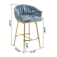 26 Inch Counter Height Bar Stools Set Of 2 With Hand-Wave Back Golden Chrome Base And Footrest In Blue For Kitchen Island