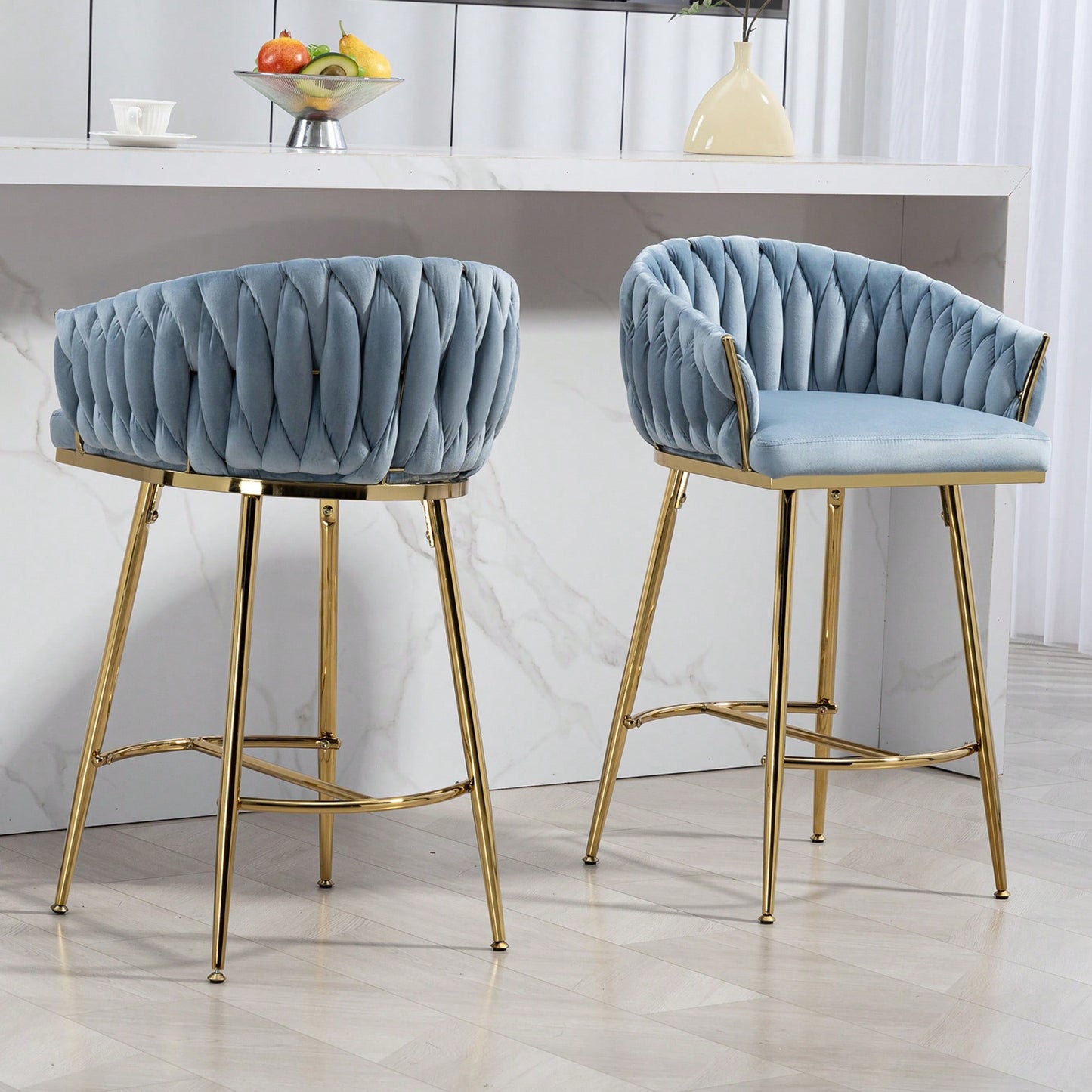 26 Inch Counter Height Bar Stools Set Of 2 With Hand-Wave Back Golden Chrome Base And Footrest In Blue For Kitchen Island