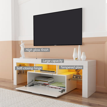 Stylish White TV Stand with LED Light Belt & Remote Control, Modern Entertainment Center, Toughened Glass Shelves, Metal Handles