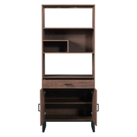 Tall Walnut Finish Open Bookshelf with LED Lights and Storage Drawer for Living Room and Office