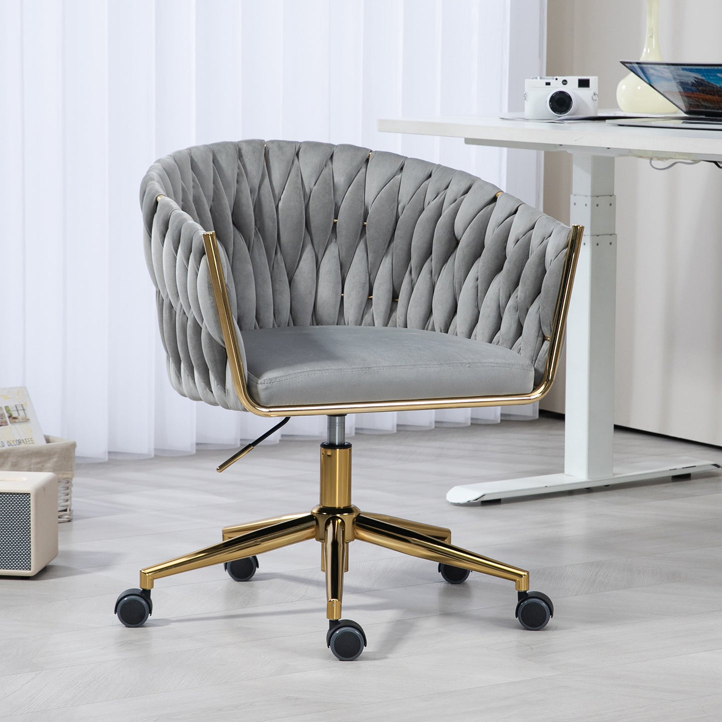 Hand-Woven Backrest Office Chair with Wheels Height Adjustable 360 degree  Swivel for Bedroom Living Room Grey
