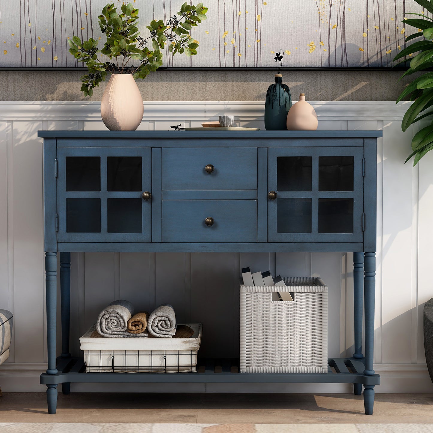 Farmhouse Antique Navy Sideboard Console Table with Bottom Shelf Wood Glass Buffet Storage Cabinet for Living Room